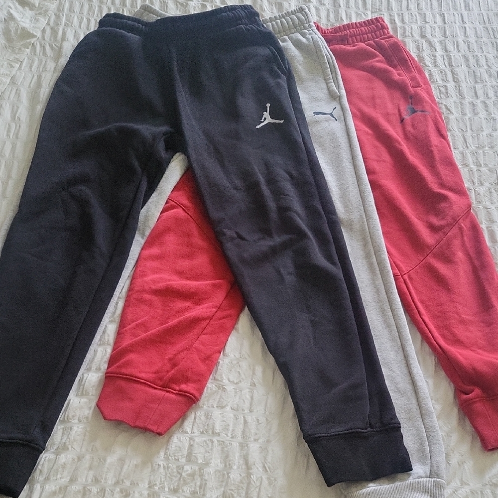 Jordan And Puma Lot Of 3 Kids Sweatpants Trio in Black, Gray & Red